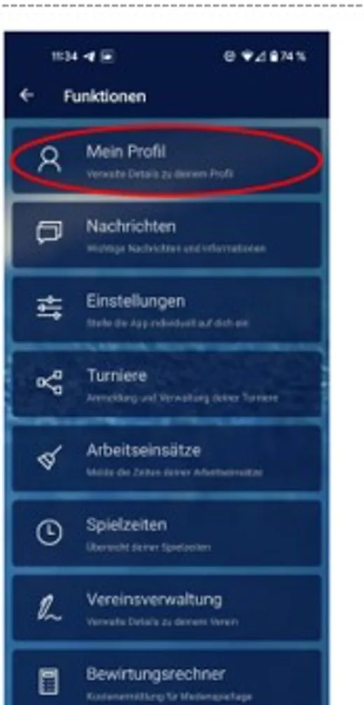 Court4u-App: Funktionen-Menü mit markiertem Eintrag Mein Profil
