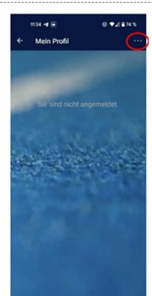 Court4u-App: Mein Profil – nicht angemeldet, Drei-Punkte-Menü markiert