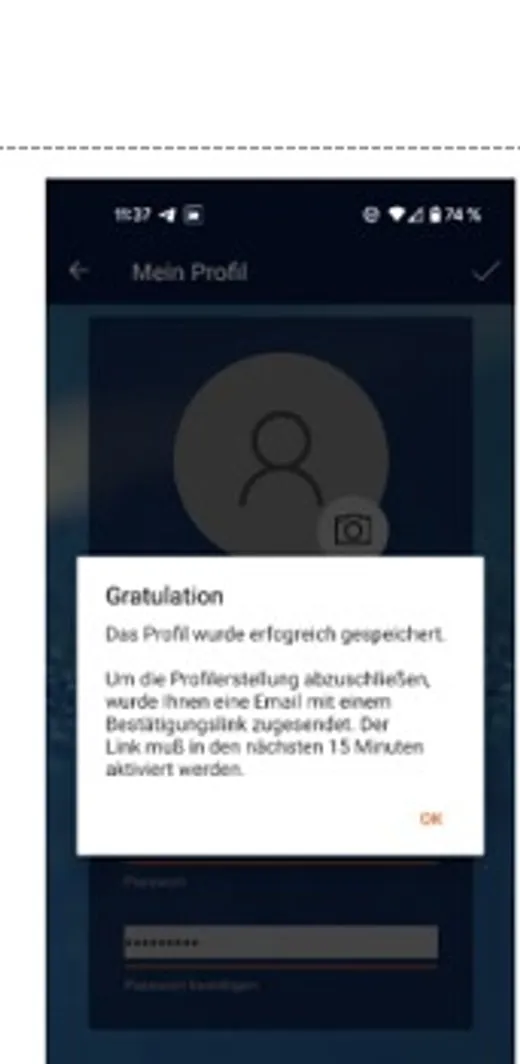 Court4u-App: Gratulation nach erfolgreichem Speichern des Profils