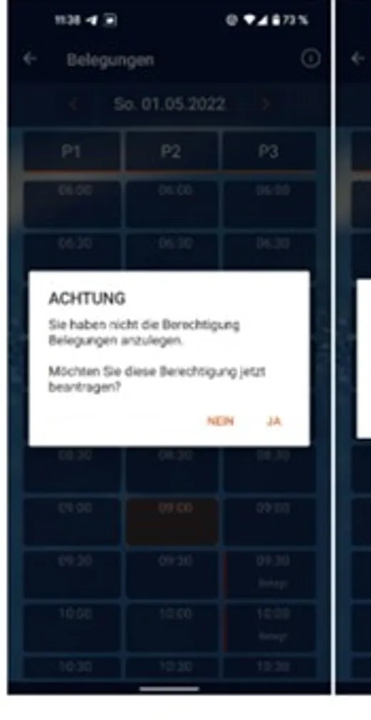 Court4u-App: Dialog ACHTUNG – Berechtigung beantragen