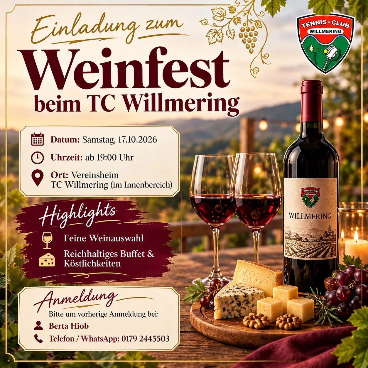 Plakat: Einladung zum Weinfest beim TC Willmering am 17.10.2026